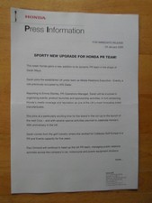 HONDA PR TEAM UPGRADE orig 2005 UK Mkt Press Release - Brochure