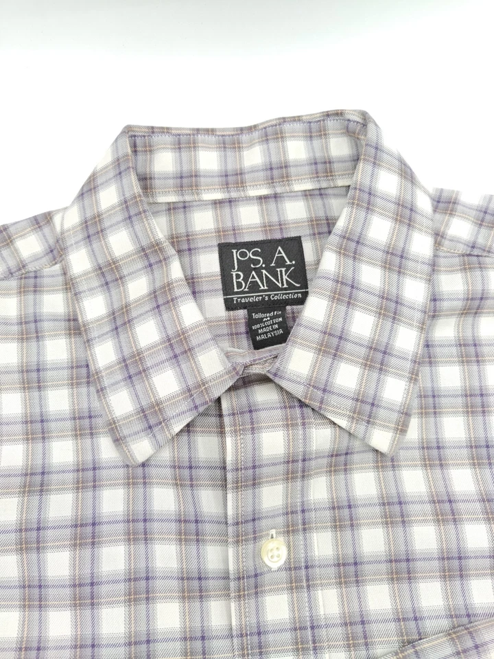 🇺🇲 Camisa de vestir Jos A Bank para hombre M 15,5x34 Travelers ajuste a medida púrpura a cuadros Foto 3 de 4