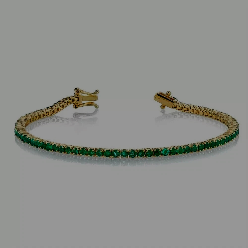 14k Yellow Gold Plated Lab-Created Emerald Round Cut Tennis Bracelet 5.00 Carats