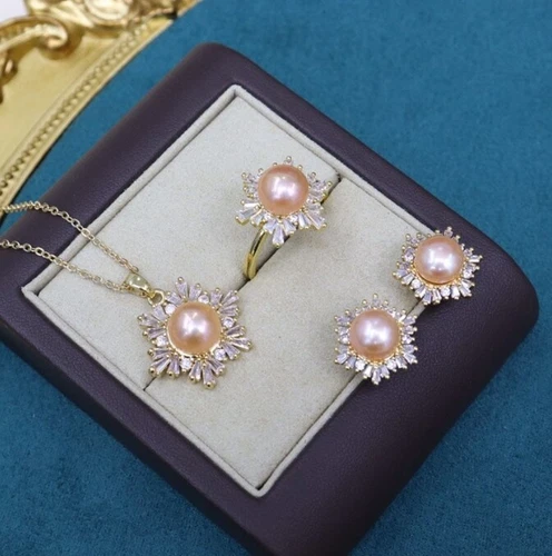 Gorgeous AAAA 8-9mm South Sea Pink Stud Pearl Pendant Earring Ring Set 925s.