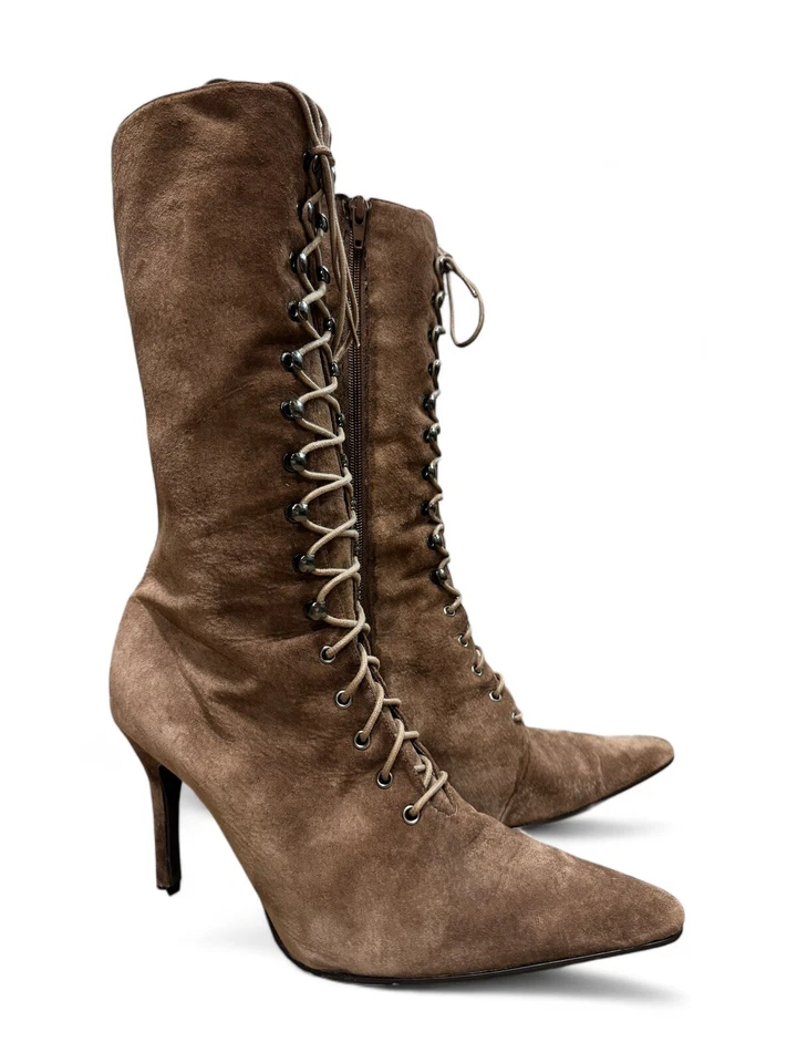 Botas victorianas Newport News para mujer talla 8B marrón gamuza pantorrilla alta con cordones cremalleras Foto 2 de 4