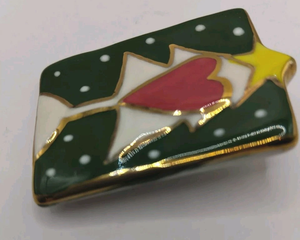 Broche prendedor árbol de Navidad esmaltado vintage - tono dorado verde rojo blanco  Foto 4 de 4