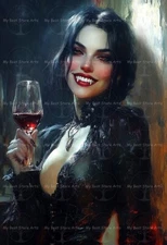 VAMPIRE WOMAN ART PRINT, Gothic Poster Decor, Fantasy Halloween Decor Wine Glass