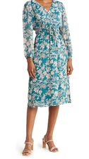 Collective Concepts Floral Long Sleeve Teal Blue Midi Dress Large L New NWOT