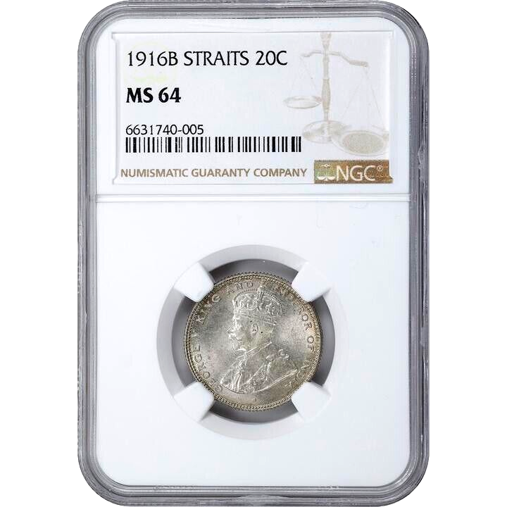 1916 B Straits Settlements 20 Cents, NGC MS 64, Lustrous