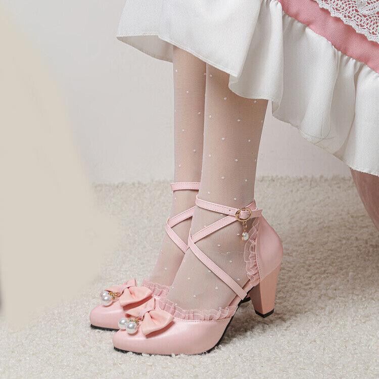 Lolita Bowknot Mary Jane Kitten Heel Ankle Strap Cosplay Shoes for Women