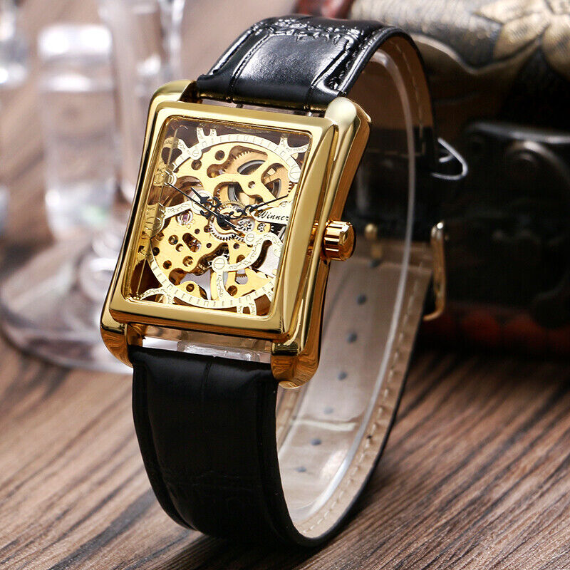 WINNER Mechanical Watch for Men Unique Rectangle Dial Golden Skeleton Watches