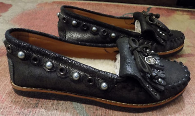 Coach Rexy Roccasins Moccasins Loafer Black Metallic Fringe Studs Bow Charms 5 B