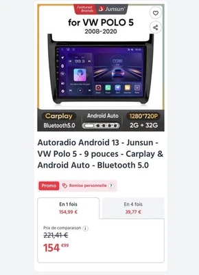 Junsun CarPlay Android Autoradio Polo 5 - Photo 1/4