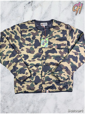 Bape 1st Camo Collarless Green Down Puffer Jacket Size XL