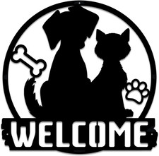 Cat and Dog Welcome Metal Sign for Front Door Pet Lover Metal Decoration Large 1
