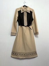 Vintage LM Camel Brown Belted Corduroy Detail Front Zip Midi Shirt Dress UK  18