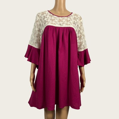 Umgee LARGE PUrple Cream Floral Lace Loose Fit Shift Swing Trapeze Tunic Dress
