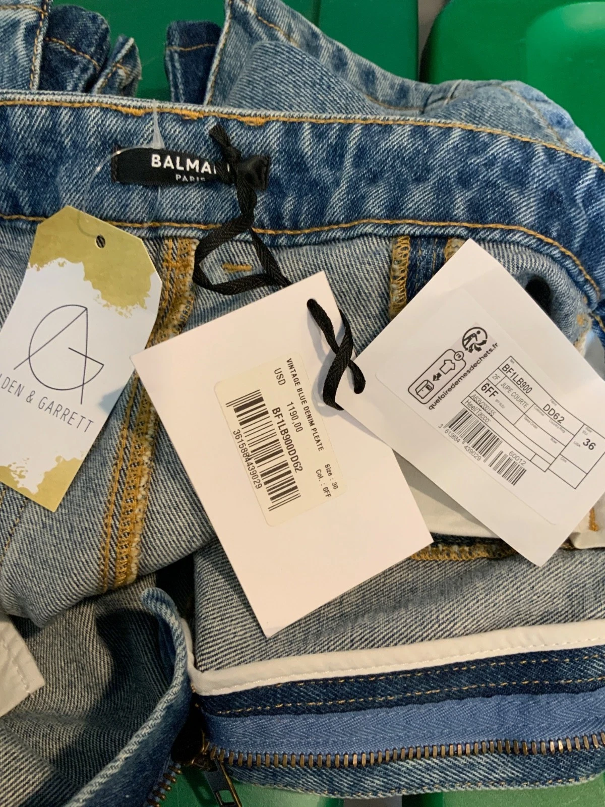 Balmain Paris Vintage Blue Denim Pleated Mini Skirt, Size 4 | 36 NWT - product detail image 9