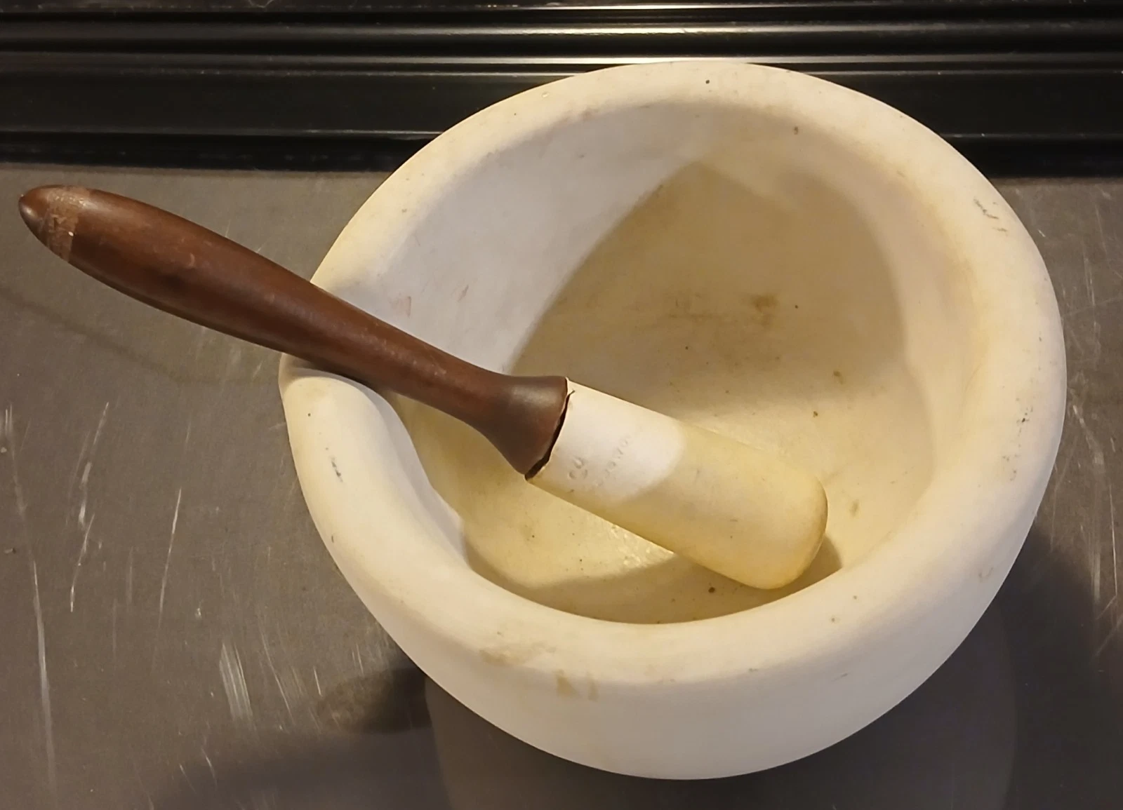 Antique Stone And Wood Standard Trenton Mortar & Pestle Apothecary