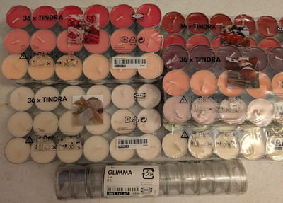 IKEA Tealights Lot of 6 of 36 x TINDRA (various scents) & GLIMMA Holders (1 set)
