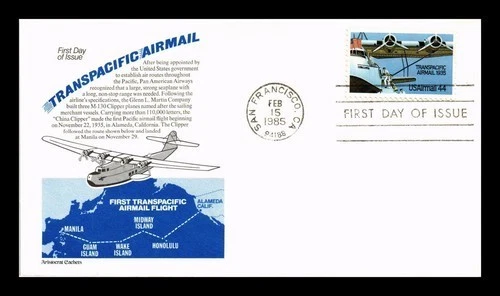 AVIATION CHINA CLIPPER TRANSPACIFIC 1985 AIRMAIL ARISTOCRAT CACHET FDC UNADDR
