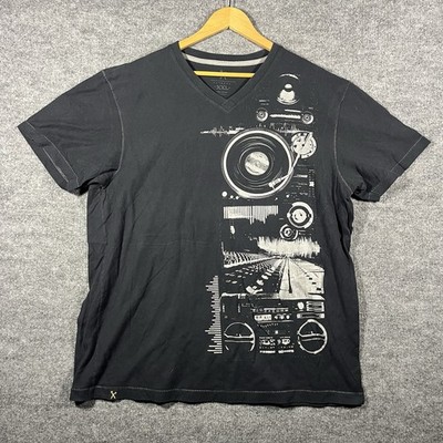 Marc Ecko Y2K V-Neck T-Shirt DJ Mixer Graphic Vintage Mens 2XL Black AOP
