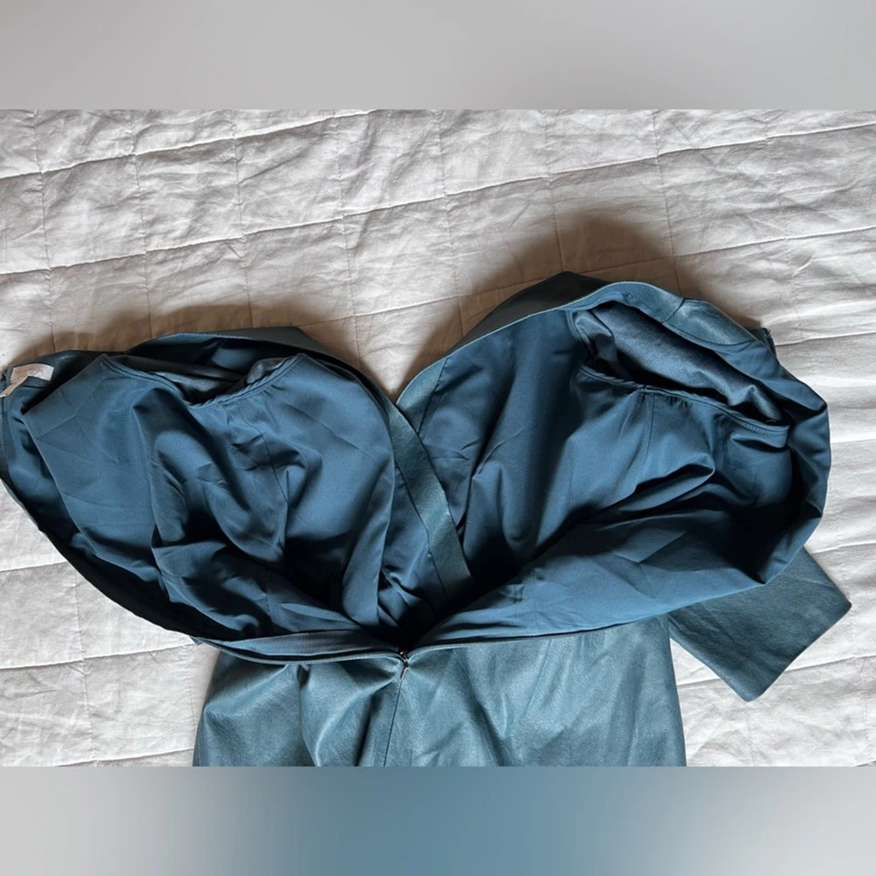 Rebecca Taylor 蓝色素食皮革 3/4 袖扭转裹身迷你连衣裙优雅 - 16 — 第 3/4 张图片