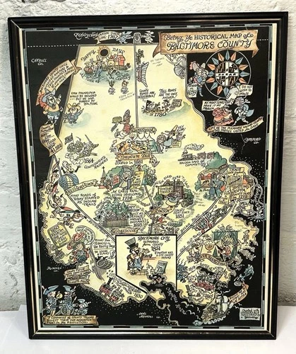 ✨VTG 1937 WHIMSICAL BALTIMORE COUNTY MARYLAND YE HISTORICAL MAP RICHARD YARDLEY✨