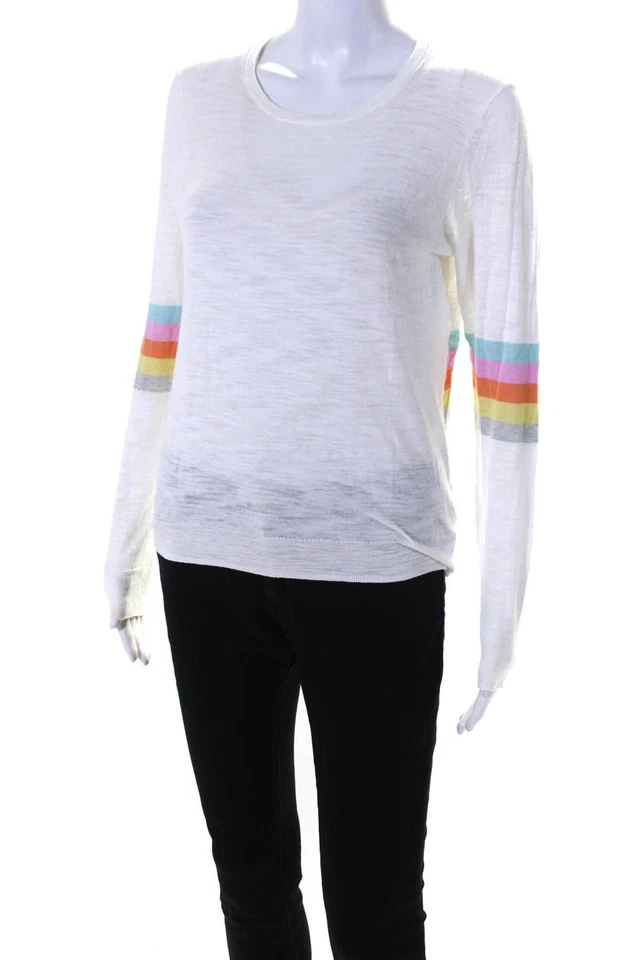 360 Sweater Womens Striped Long Sleeves Crew Neck Sweater White Cotton Size Smal - Image 2 of 4