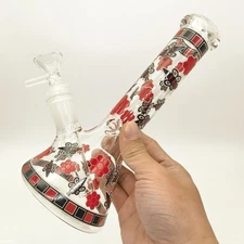 8 Inch Premium Glass Bong with Red Bee Design, Bent Handmade Hookah Water Pipe