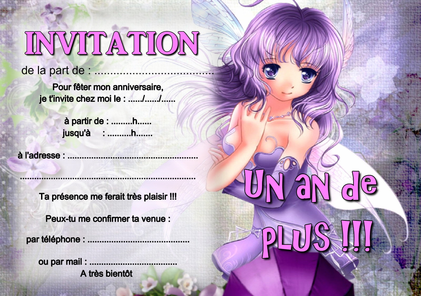 5 ou 12 cartes invitation anniversaire fée REF 388 | eBay