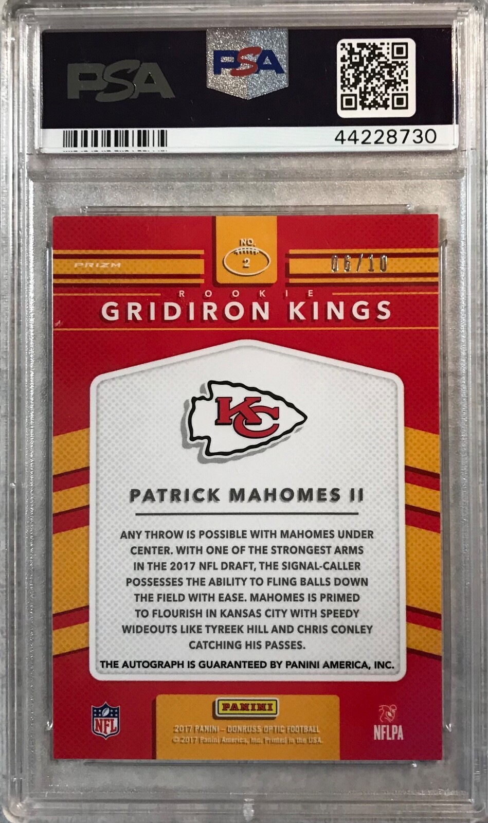 2017 Donruss Optic Patrick Mahomes Auto #06/10 Rookie Gridiron Kings RC #2 PSA 9 view 2