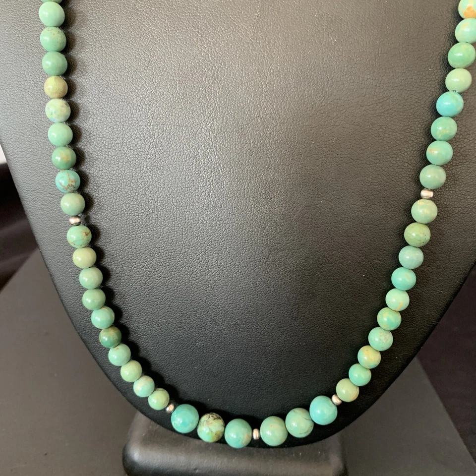 Royston Green Turquoise Shell Heishi Navajo Sterling Silver Necklace 23” 10918 - Image 4 of 4