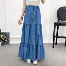 Lady A-line Denim Skirt Long Maxi Elastic Waist Boho Pleated Tiered Casual Sweet