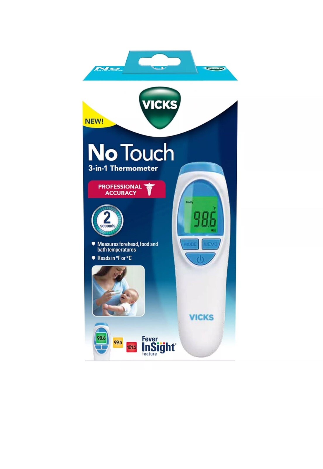 Vicks No-Touch 3-in-1 Thermometer for Forehead, Food and Bath Temperatures NEW!!