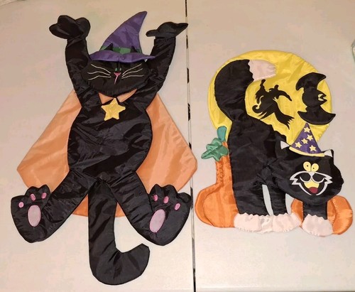 Vintage Puffy Halloween Black Cat Wall Hanging Pumpkin, Jack O Lantern Nylon