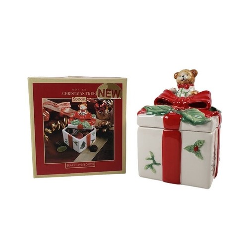 Spode Christmas Tree Bear Covered Box 6" Tall Vintage Ceramic Trinket Box - Foto 1 di 10