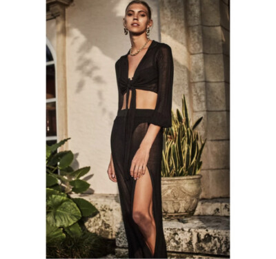 DEVON WINDSOR Ella Blouse Black Knit Front Tie Long Sleeve M NWT $165