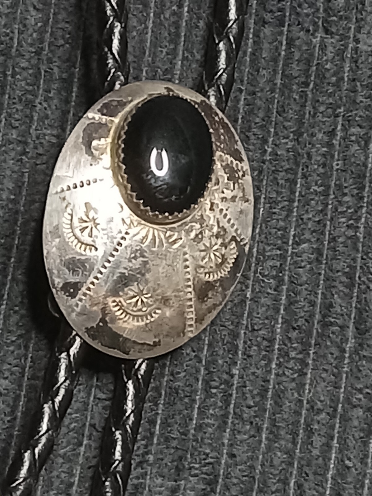 Navajo EP Native American Oval Onyx Etched Sterling Silver Bolo