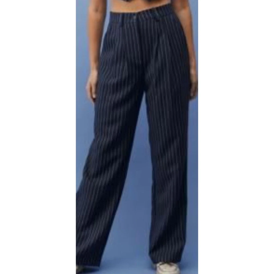Calça streetwear feminina Y2K plissada perna larga casual tamanho pequeno azul marinho listrada - Imagem 2 de 4