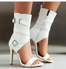 Women  s White Patent Leather Open Toe Stiletto Sandals Ankle Strap Zip 6