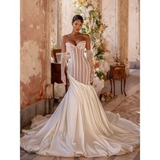 Satin Striped Sweetheart Wedding Dresses Mermaid Bridal Gowns Lace Floor-Length