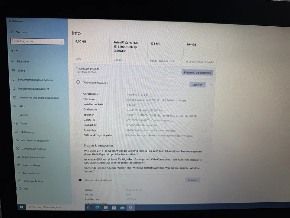 Acer Travelmate P278, i5, 17“, DVD, Wlan/NIC, 8GB, 250GB + 500GB SSD, Win10/11. - Bild 3 von 4