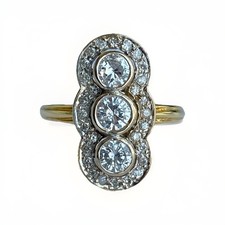 Diamond 1ct Ring 18ct Gold Vintage Trilogy Halo Cluster 750 Yellow Gold - Size Q
