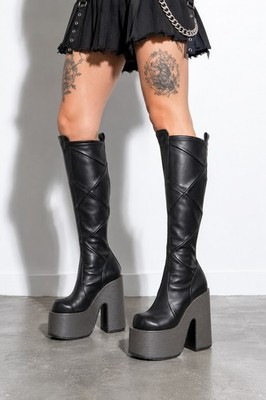Demonia Camel-280 Knee High Platform Boots Black Gray Women's Size 8 Goth