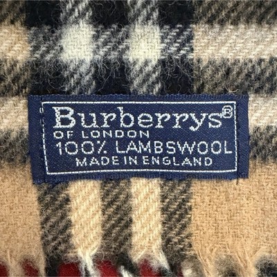 Burberrys Lambswool Woven Plaid Scarf w/ Fringe & Logo, Made in England