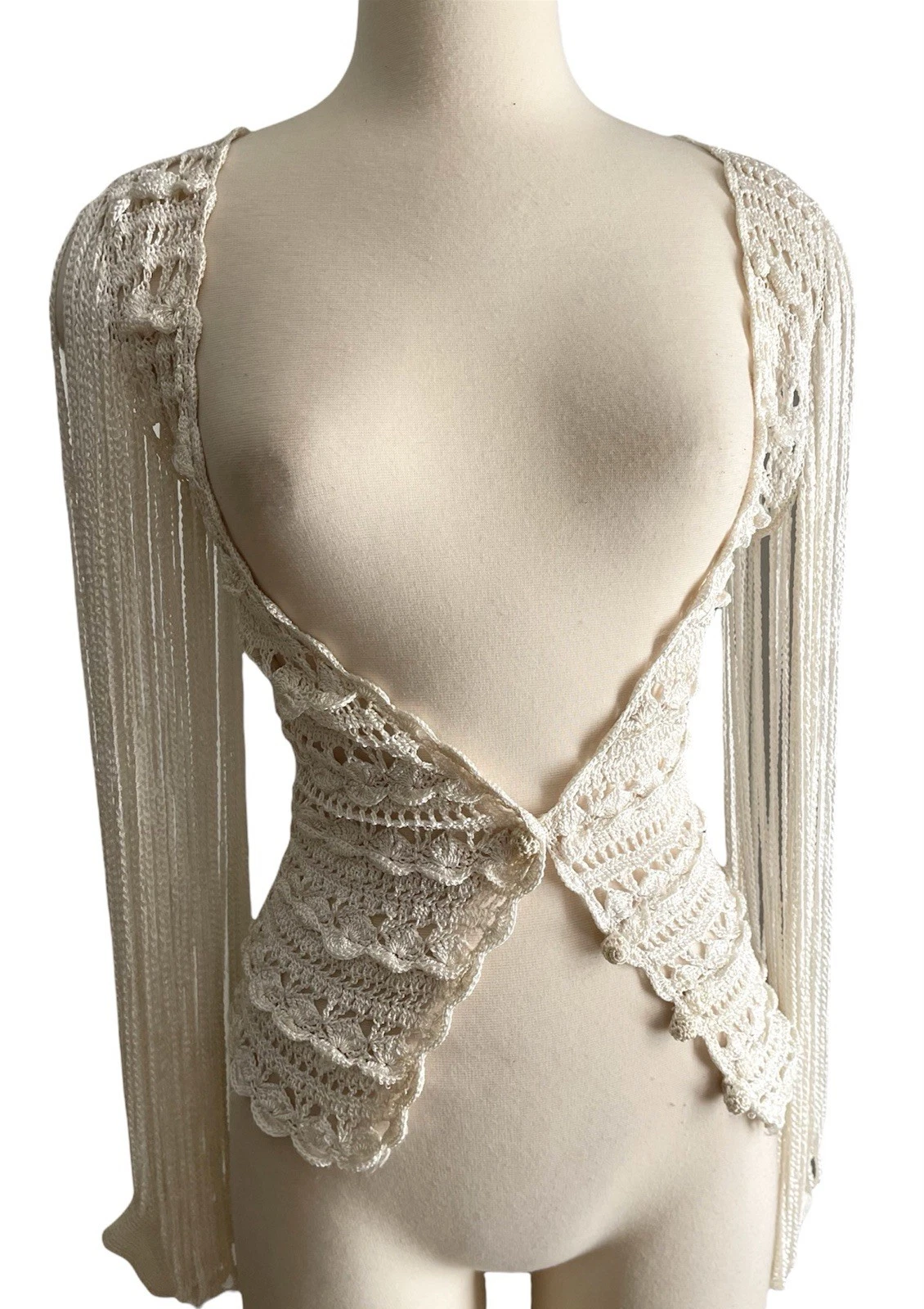 Chloe — Julien Macdonald Rare Runway Crochet Fringe Sleeve Cardigan Top Sz XS Vintage