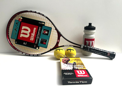 Vintage 27'' Wilson E/X Tennis Racket Ball Water Bottle VHS Tape Lot NOS