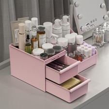Pink 2 Drawers Makeup Organizer Countertop, Vanity Organizer with 7 Compartments