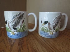 Vintage Otagiri Mallard Ducks Mugs Hand Painted 3D Relief Set of 2 Japan