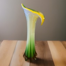 Hand blown Glass Vase Calla Lily Green , Yellow and White 11.5 Great Condition