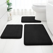 Bathroom Rugs Set 3 Pcs Black Extra Thick Absorbent Memory Foam Toilet Mat