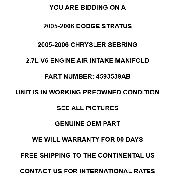 Dodge Stratus Chrysler Sebring 2005 2006 2,7 L V6 conjunto de colector de admisión OEM Foto 2 de 4