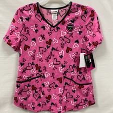 Scrubstar Scrub Top Breast Cancer Awareness V-Neck Pink Stretch Heart Size Small